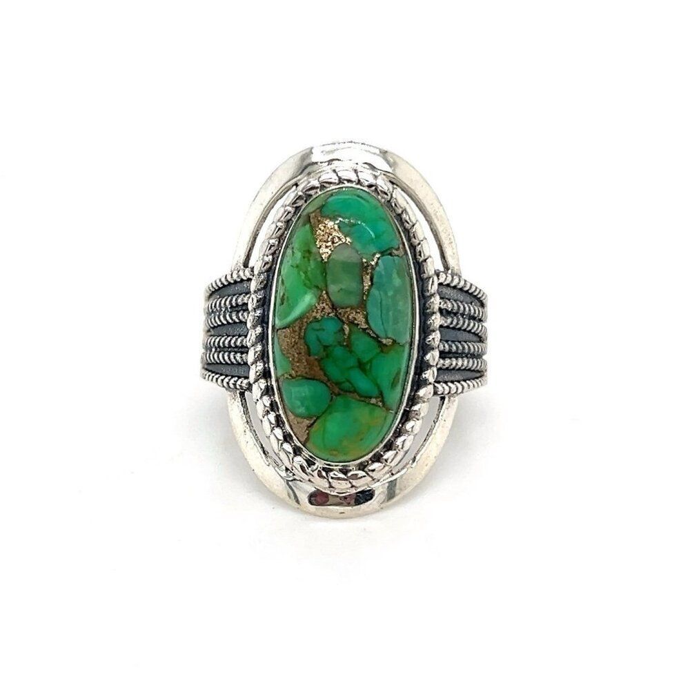 925 India Green/Gold Oval‎ Shaped Stone Ring